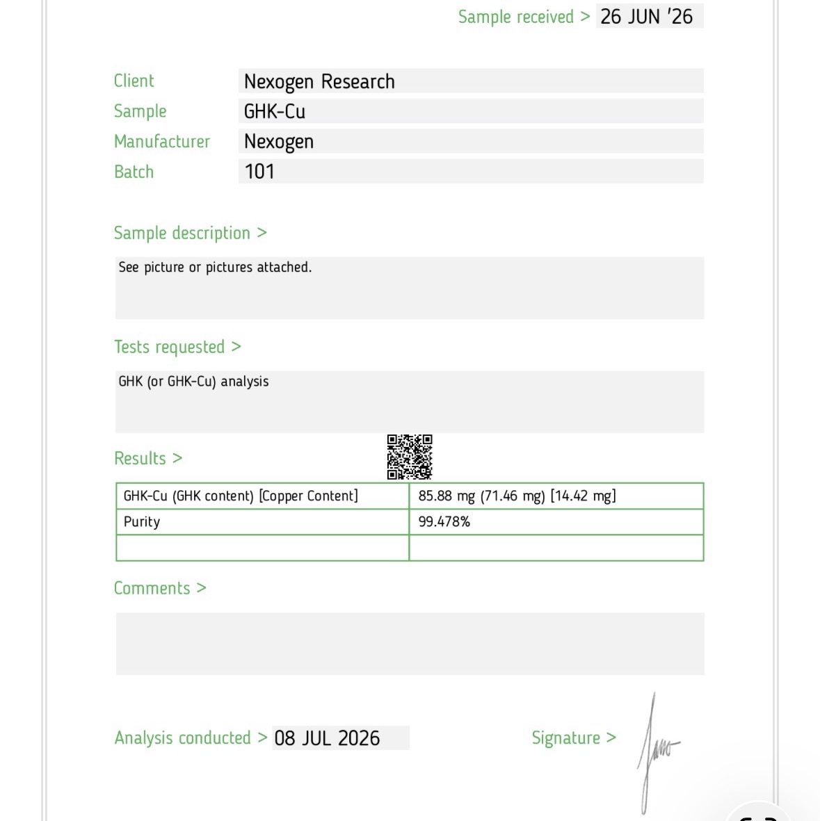 Third-party Certificate of Analysis for Nexogen Research GHK-Cu batch 101