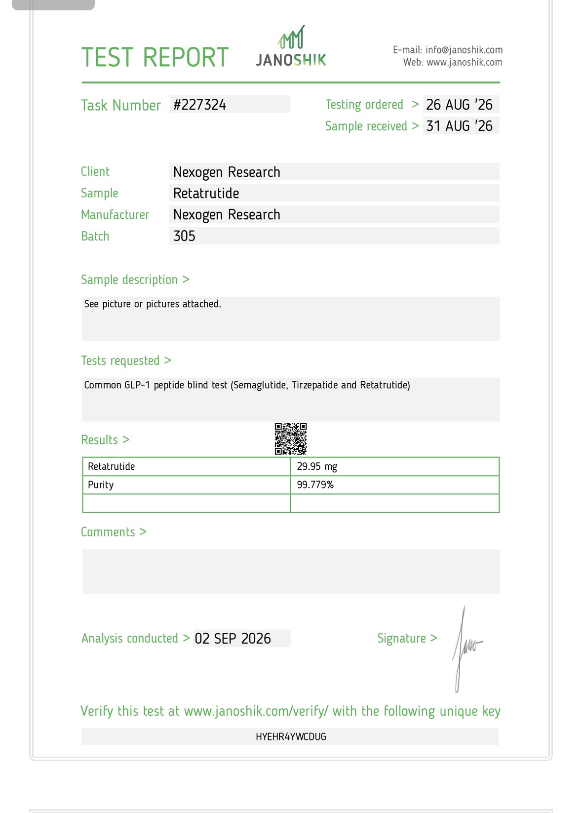 Third-party Certificate of Analysis for Nexogen Research Retatrutide batch 305